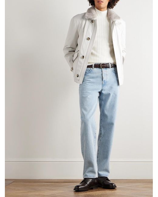 Brunello Cucinelli White Shearling-Trimmed Shell Jacket for men