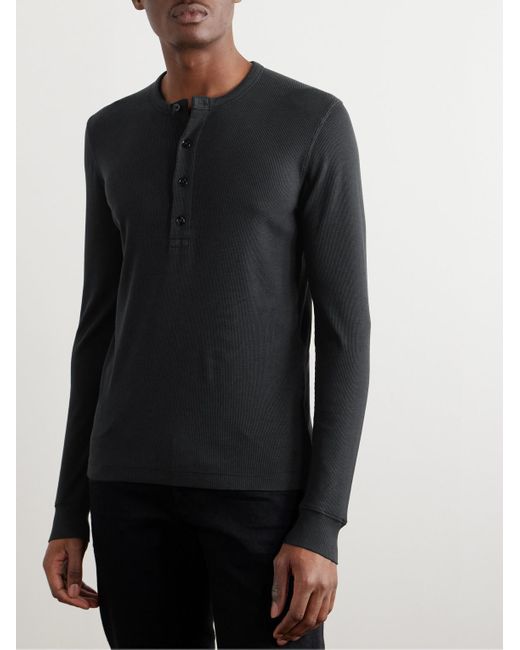 Tom Ford Black Slim-fit Ribbed Stretch Lyocell And Cotton-blend Henley T-shirt for men