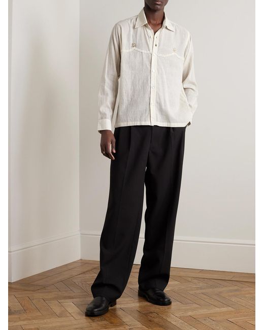 Kartik Research White Embellished Striped Cotton Shirt for men
