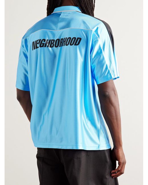 Neighborhood Blue Game Appliquéd Logo-Print Striped Satin Polo Shirt for men