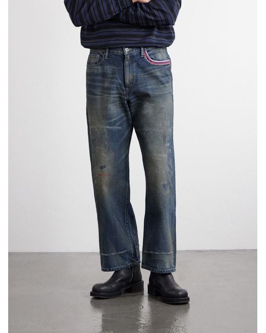 Neighborhood Blue Savage Wide-Leg Bead-Embellished Distressed Jeans for men