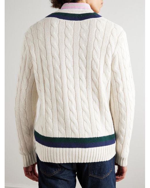 Polo Ralph Lauren White Striped Cable-Knit Cotton, Cashmere And Hemp-Blend Sweater for men