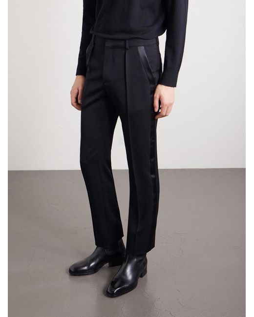Saint Laurent Blue Slim-fit Satin-trimmed Grain De Poudre Wool Tuxedo Trousers for men