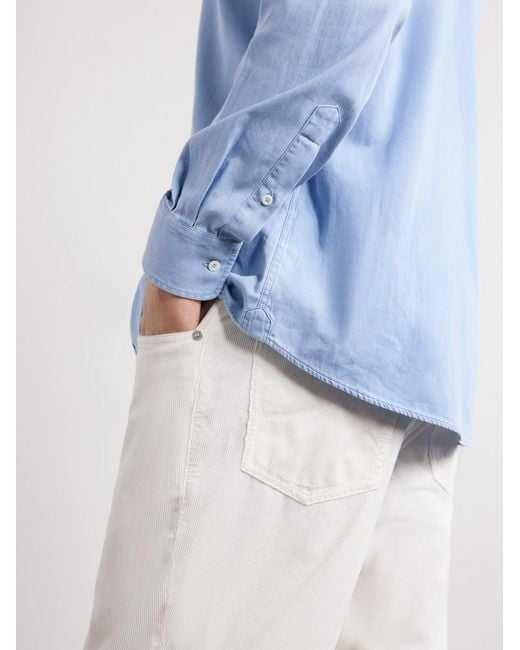 Brunello Cucinelli Blue Cutaway-Collar Cotton-Chambray Shirt for men