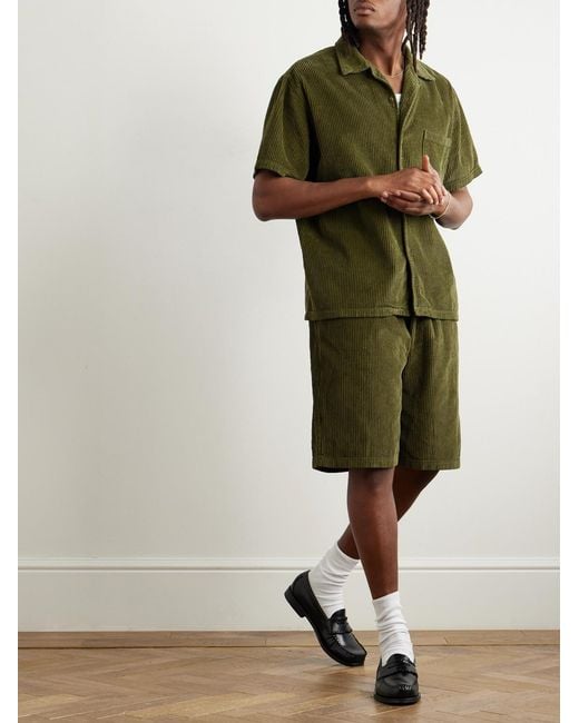 Les Tien Green Wide-Leg Cotton-Corduroy Utility Shorts for men
