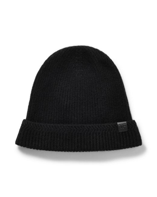 Tom Ford Black Leather-trimmed Ribbed Wool And Cashmere-blend Beanie for men