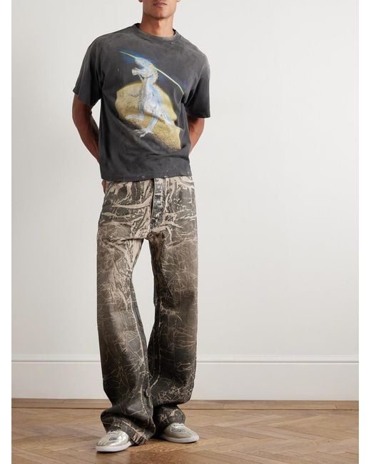 SAINT Mxxxxxx Gray Sorayama T-Rex Printed Distressed Cotton-Jersey T-Shirt for men