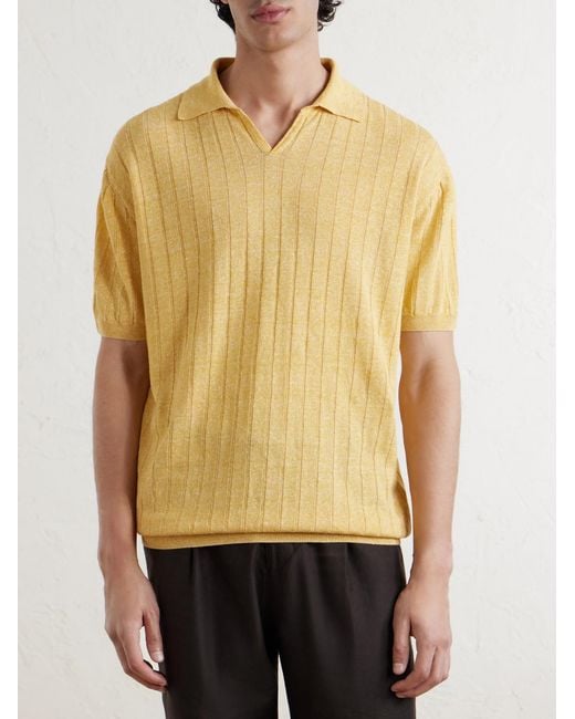 Boglioli Yellow Ribbed Linen And Cotton-Blend Polo Shirt for men