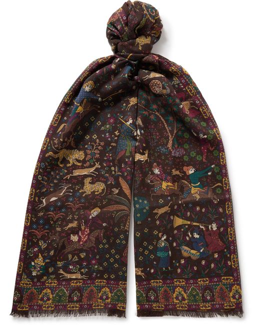 Drake's Brown Mughal Hunter Frayed Printed Wool And Silk-blend Scarf for men
