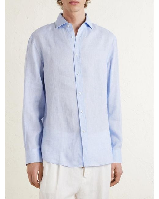 Brunello Cucinelli Blue Cutaway-collar Linen Shirt for men