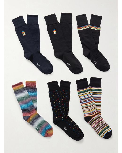 Paul Smith Black Pack Of Six Embroidered Striped Cotton-blend Socks for men