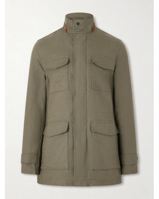 Kiton Green Suede-Trimmed Linen Field Jacket for men