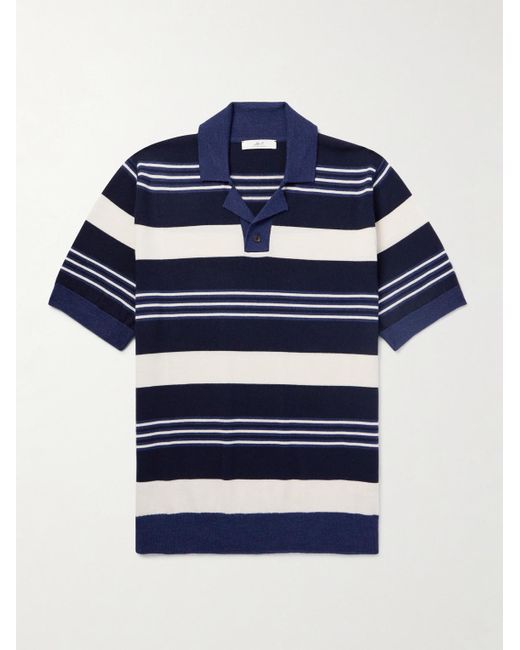 Mr P. Blue Camp-collar Striped Merino Wool Polo Shirt for men