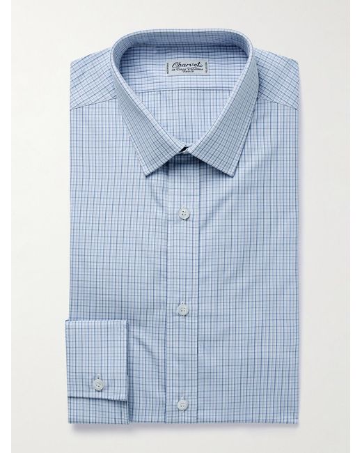 Charvet Blue Checked Cotton-Poplin Shirt for men