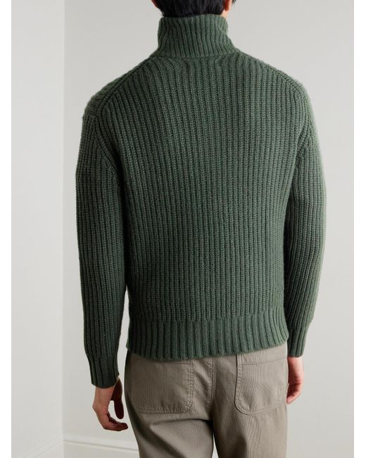 Ribbed Wool And Cashmere-Blend Half-Zip Sweater di Mr P. in Green da Uomo