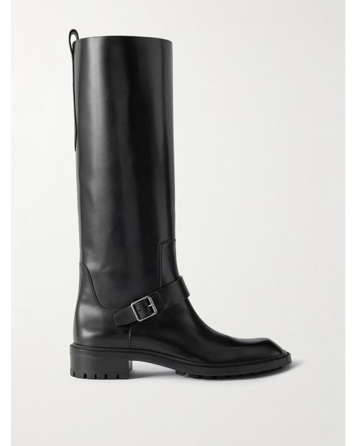 Saint Laurent Black Vadim Buckled Leather Knee Boots for men