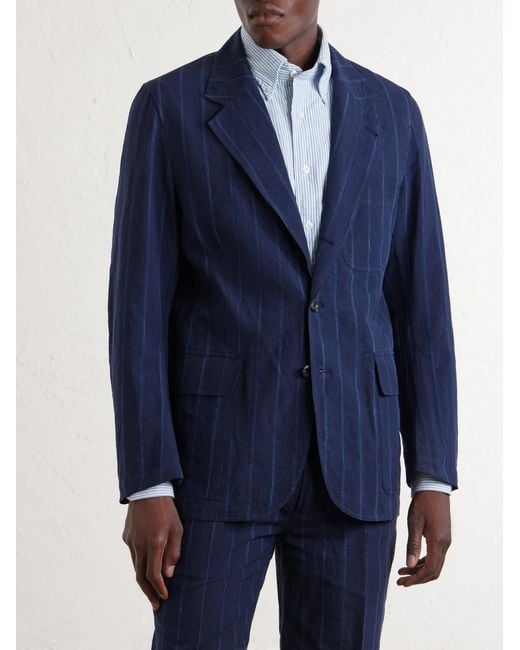 Drake's Blue Games Pinstriped Linen And Cotton-blend Suit Jacket for men