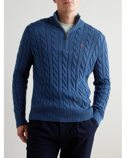 Polo Ralph Lauren Blue Logo-embroidered Cable-knit Cotton Half-zip Sweater for men