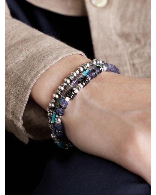 Peyote Bird Blue Set Of Three Sterling Silver Multi-stone Beaded Bracelets for men