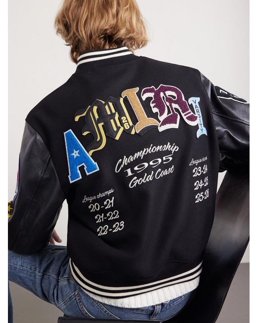 Amiri Blue Appliquéd Embroidered Leather And Wool-blend Varsity Jacket for men