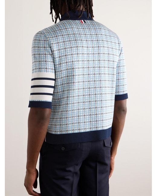 Thom Browne Blue Jacquard-Knit Silk And Cotton-Blend Polo Shirt for men