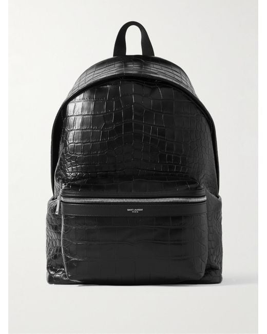 Saint Laurent Black City Croc-Effect Glossed-Leather Backpack for men