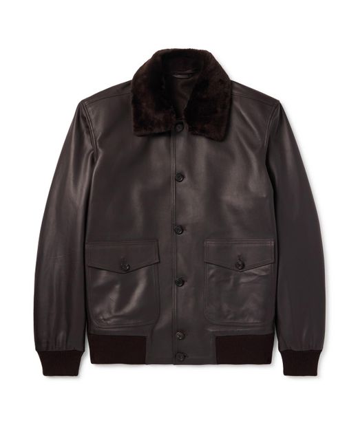 Thom Sweeney Black Shearling-Trimmed Leather Jacket for men