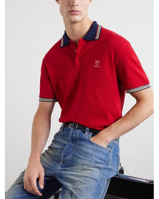 Versace Logo-Embroidered Cotton-Piqué Polo Shirt for men