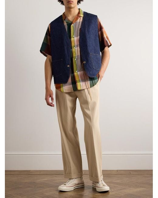 Orslow Kariertes Hemd aus einer Baumwoll-Leinenmischung mit wandelbarem Kragen in Brown für Herren