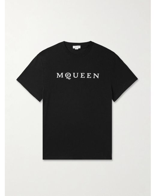 McQueen Black Logo-Flocked Cotton-Jersey T-Shirt for men