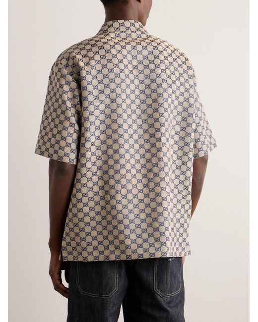 Gucci Gray Camp-Collar Logo-Jacquard Linen-Blend Shirt for men