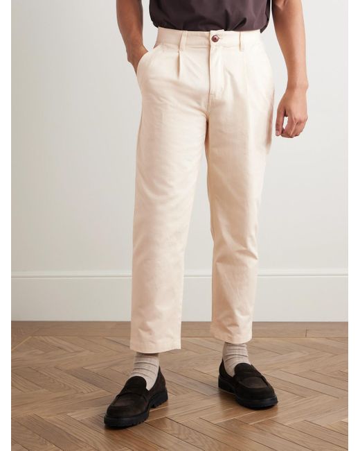 FRIZMWORKS Natural Haworth Tapered Cropped Pleated Cotton-Twill Trousers for men