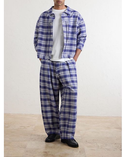 STORY mfg. Blue Lush Wide-leg Checked Organic Cotton Trousers for men
