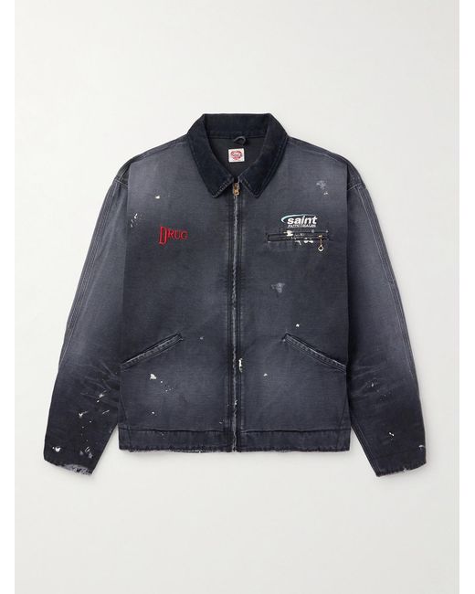 SAINT Mxxxxxx Blue Corduroy-Trimmed Logo-Embroidered Distressed Cotton-Canvas Jacket for men