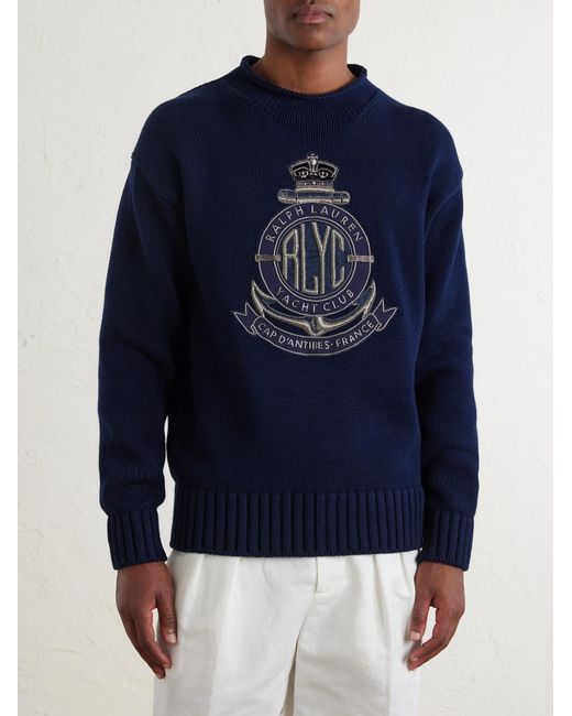Ralph Lauren Blue Logo-Appliquéd Cotton-Blend Sweater for men