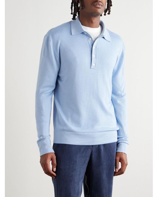 Umit Benan Blue Sunset Slim-Fit Cashmere And Silk-Blend Polo Shirt for men