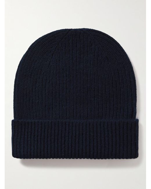 Anderson & Sheppard Blue Ribbed Cashmere Beanie for men