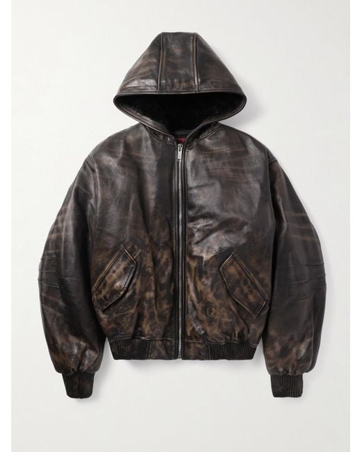 424 Black Cropped Leopard-Print Padded Leather Hooded Bomber Jacket for men