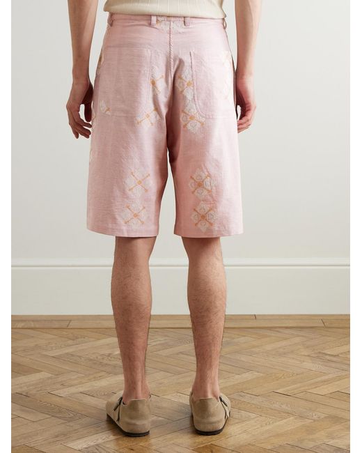 Kardo Pink Straight-Leg Embroidered Pleated Cotton Shorts for men