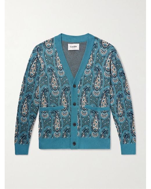 Corridor NYC Blue Kabir Paisley-Jacquard Mercerised Pima Cotton Cardigan for men