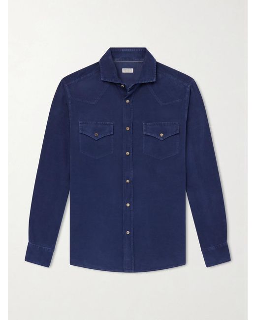 Brunello Cucinelli Blue Cutaway-Collar Cotton-Corduroy Western Shirt for men