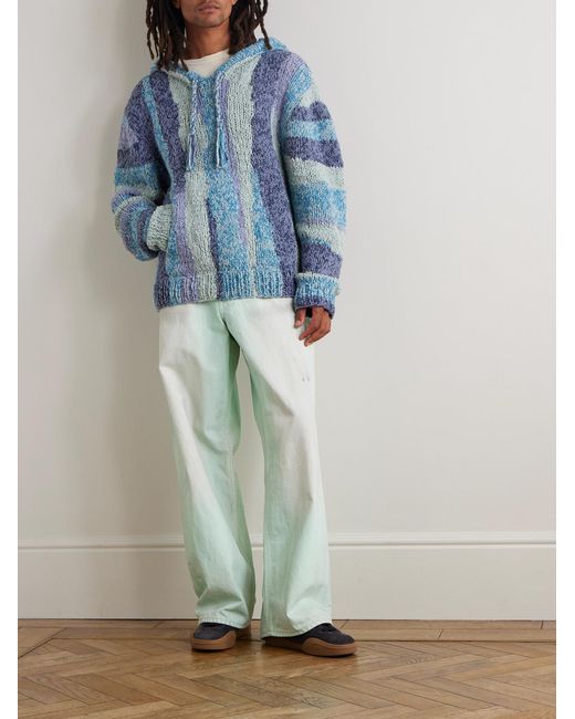 The Elder Statesman Blue Tasselled Striped Crocheted Organic Cotton Hoodie for men