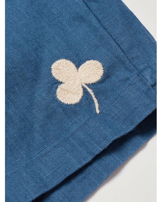 Portuguese Flannel Blue Straight-Leg Embroidered Ramie Drawstring Shorts for men