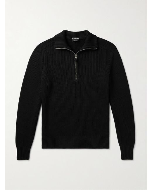 Tom Ford Black Slim-Fit Ribbed Silk And Merino Wool-Blend Half-Zip Sweater for men