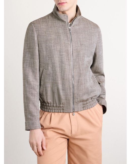 Brunello Cucinelli Gray Herringbone Bomber Jacket for men