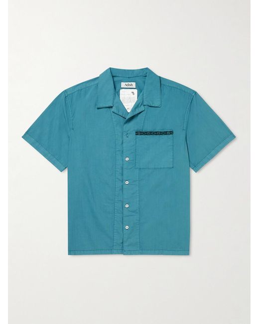 Adish Blue Camp-Collar Embroidered Garment-Dyed Cotton-Poplin Shirt for men