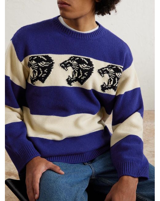 Valentino Garavani Blue Striped Jacquard-Knit Wool Sweater for men