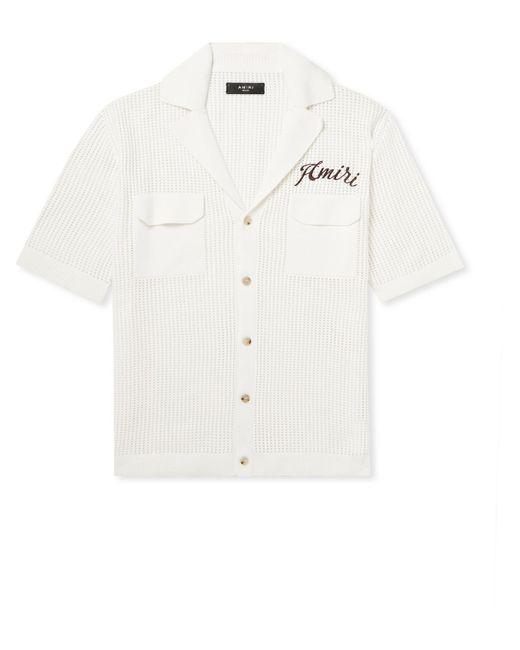 Amiri White Camp-Collar Logo-Embroidered Open-Knit Cotton Shirt for men