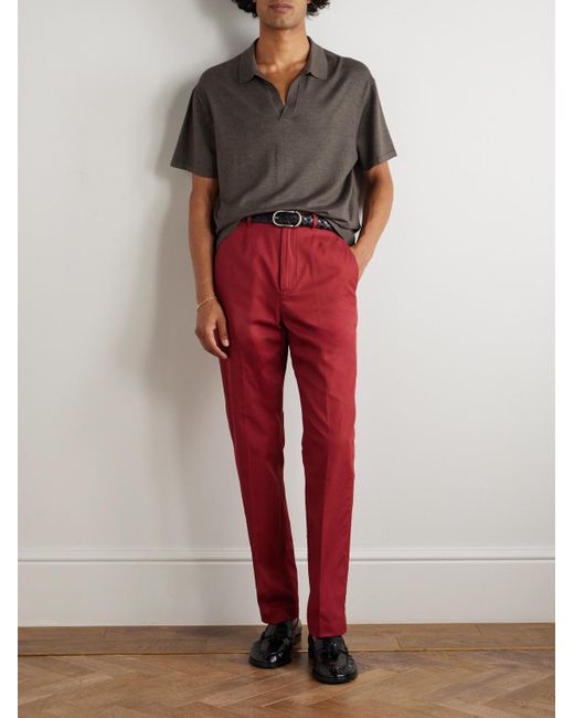 Dunhill Red Slim-Fit Straight-Leg Pleated Cotton-Gabardine Chinos for men