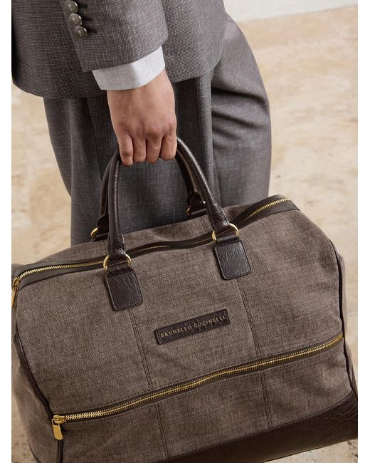 Brunello Cucinelli Brown Boston Leather-trimmed Woven Weekend Bag for men